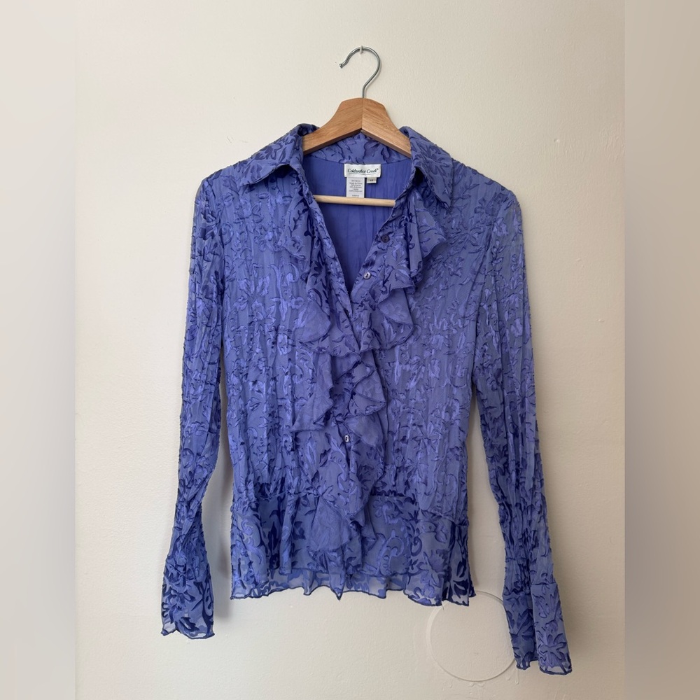 Coldwater Creek Lavender Ruffled Crinkle, Bell- Sleeved Button Up Blouse